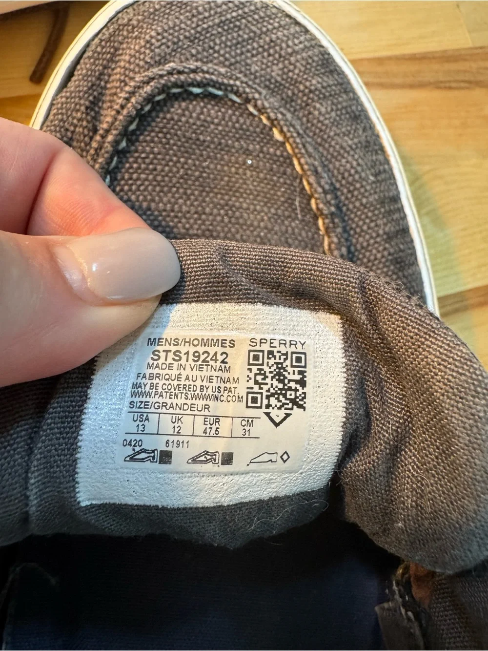 Sperry Gray Canvas Boat Shoes with Brown Laces